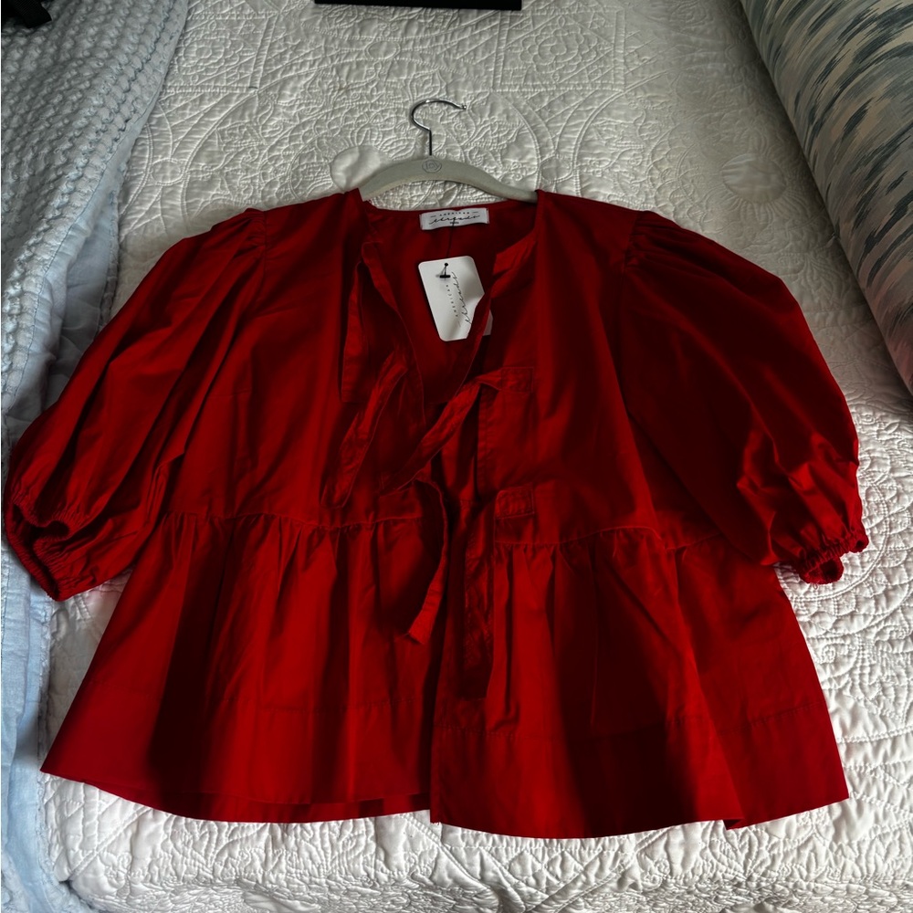 American Threads Red Puff Sleeve Blouse with Mandarin Collar